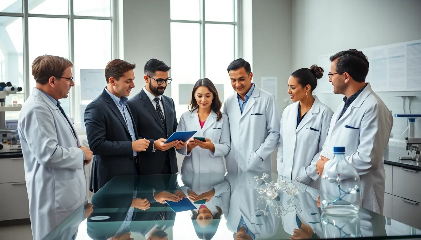 diverse team in a modern biotech lab discussing research findings.