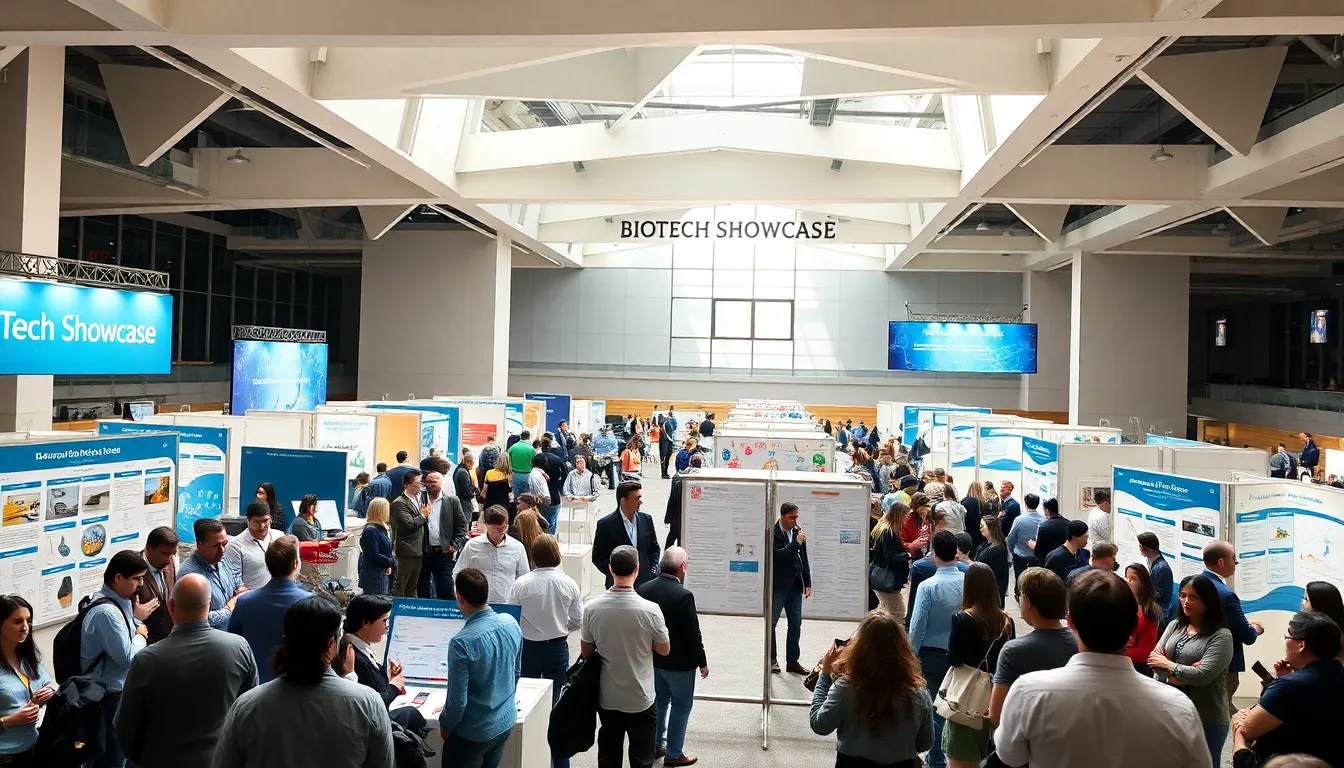 A diverse group of professionals at a biotech showcase event.