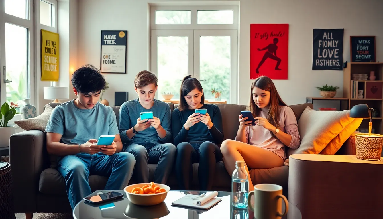 diverse teens using smartphones in a cozy living room.