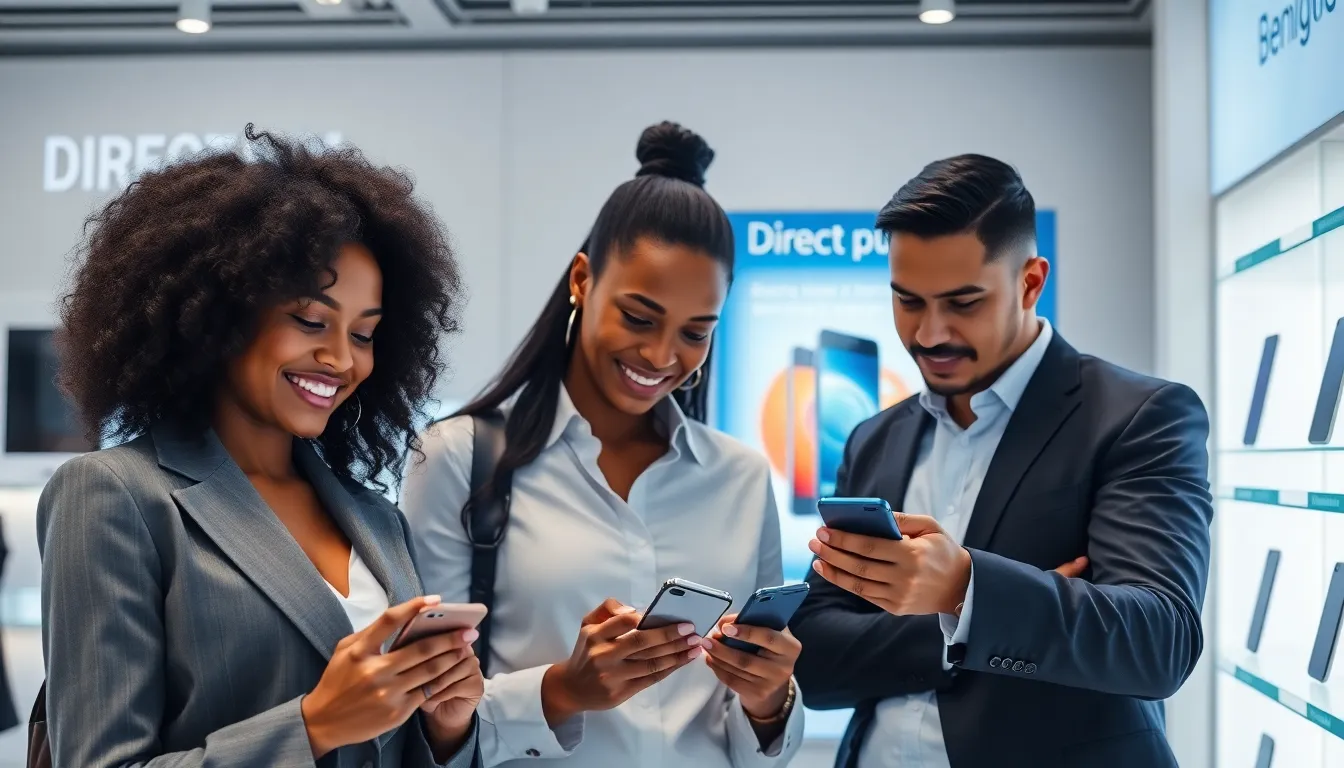 diverse professionals in a modern store reviewing mobile phones.