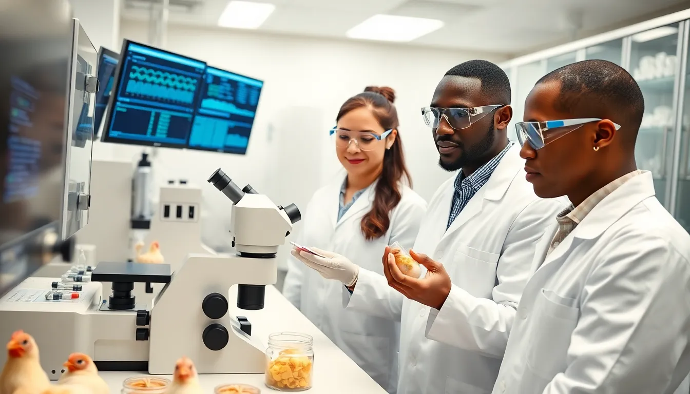 scientists in a laboratory focused on avian biotech research.