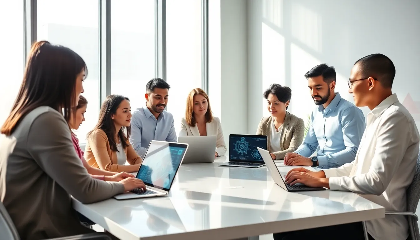 diverse team discussing CRO biotech in a modern office setting.