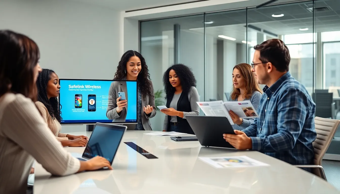 diverse group discussing Safelink Wireless mobile solutions in an office setting.